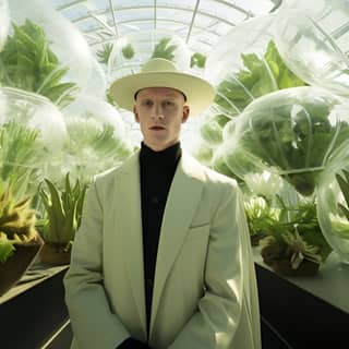 A high fashion wide angle photo a Albino man wearing a large lime green futuristic hat with a dome and lights a black dress