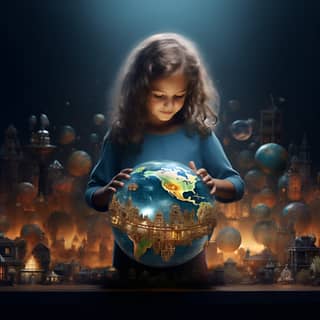 little girl creating a world with her hands, a little girl holding a globe with many buildings in the background