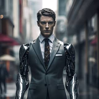 Um androide masculino elegante em um distopia urbana futurista.