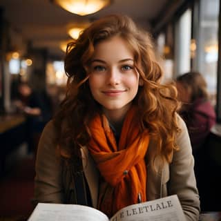 Una studentessa con lunghi capelli rossi sorride mentre tiene in mano un libro. Ha 21 anni e frequenta l'università.