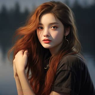 Ritratto di una giovane donna coreana con lunghi capelli rossi.