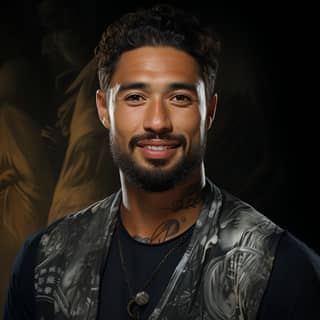 samoan man his black hair and beard photorealistic detail, with tattoos and a beard smiles for the camera