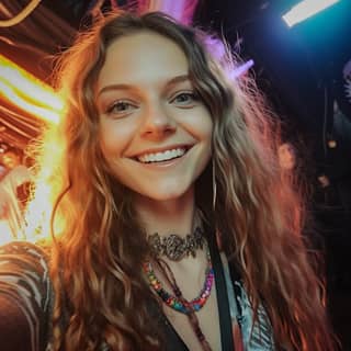 Mujer de 25 años con el pelo largo y rizado y un collar, posando con una sonrisa divertida en una iluminación de rave dramática vistiendo ropa de rave hippy.