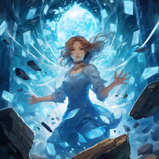 一个身穿蓝色连衣裙的女人正在空中飞行，手持发光的蓝色托帕石，头顶浮动着动漫角色，周围是藤蔓和编码生物的天坑。