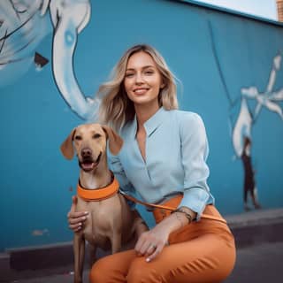 a stylish light blue dog leash that connects in urban style and a happy dog raw
