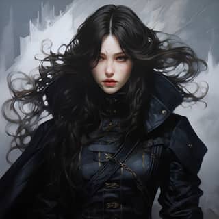 the game the Western Fantasy game full body Black military coat with metallic accents superb attractive face blue eyes
