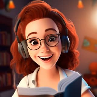 Una chica con gafas y auriculares está leyendo un libro. Haz una versión de dibujos animados con un micrófono en una mano y un libro en la otra para un logotipo en 4K.