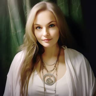 Una mujer posa con gracia al lado de un caballo blanco de melena larga.