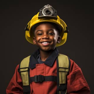 a 10 year old black boy dressed as a fireman wearing a red and yellow uniform character sheet spacing & margins different