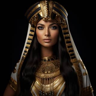 Một phụ nữ Ai Cập mặc trang phục màu vàng và trắng, dáng tóc nâu dài, da rám nắng sâu, khoảng 30 tuổi.