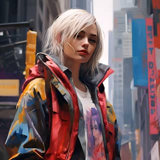 "Craft a hyper-realistic portrayal of rocking vibrant street style in the midst of urban chaos Achieve authenticity with
