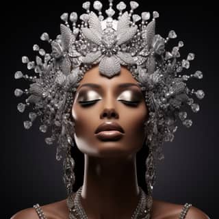 एक सुंदर अफ्रीकी महिला जो चांदी के आभूषणों से सजी हुई है और एक शानदार मुकुट से लबालब है, जो उदारता, शक्ति और परिष्कृति फैलाती है।