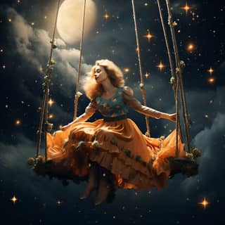 穿橙色裙子的女人坐在秋千上，背景是星星，享受在星星之间。