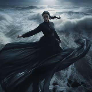 Sebuah gaun hitam berdiri di tengah laut, dengan rambut kepalanya yang dikepang hitam pekat dan kulitnya sangat pucat.