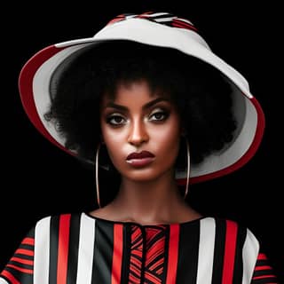 一位穿着条纹裙子的非洲女性，融合了东方和西方风格。