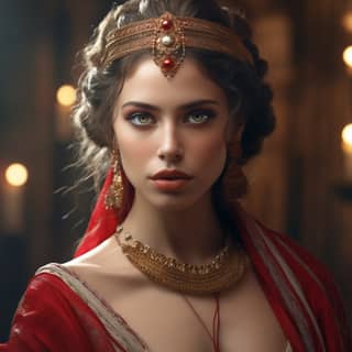 beautiful red lipstick, woman in a red dress with a crown on her head