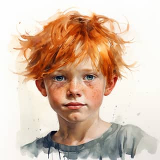 boy with a bright orange hair and face delicate washes impressionist lightness crisp and clean look dusty piles lit kid