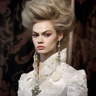 Seorang model mengenakan gaun putih dan anting-anting, dengan wig bubuk kebangsawanan renaissance futuristik dalam potret tubuh penuh.
