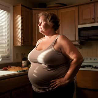 Une femme d'âge moyen en surpoids debout dans sa cuisine.