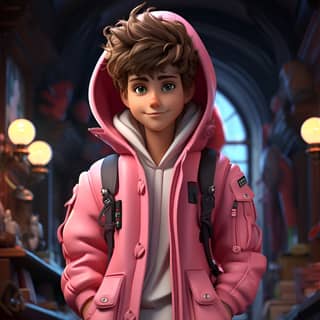 justin bieber cartoon and style film big hero 6 children book full body wearing a pink hoodie red shoes smiling