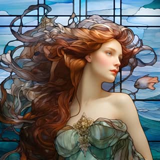 a mermaid very beautiful face long flowing hair water shells style of Louis Comfort Tiffany