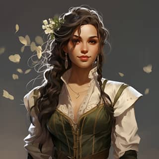 穿着绿色连衣裙、头上插着一朵花的微笑的精灵女人，手持白色花朵站在风吹草原上。这是一幅关于龙与地下城角色的概念艺术，角色有斑点脸、尖耳朵和中世纪盔甲。