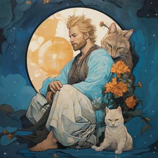 Blonde male looking up at the moon thin beard long mohawk sitting 3/4 postion forward with a blue robe on with flowers on it