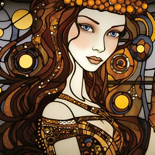 Cipta sebuah mahakarya kaca patri yang bersifat eteral terinspirasi oleh seni mewah Gustav Klimt, menggunakan elemen transparan untuk meniru corak emas yang rumit dan warna-warni yang cerah, memancarkan cahaya memesona yang mengingatkan pada seekor kucing, membangkitkan rasa keindahan dan kesofistikan yang identik dengan karya Klimt.