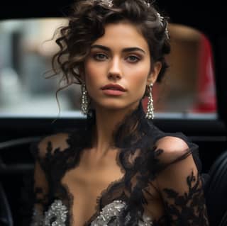 Düğün elbisesiyle genç bir gelin siyah bir spor arabada oturuyor.