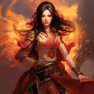 一个长着长发的女人，身边火焰般的红色氛围，手拿一把剑，站在中国艺术美丽的背景前。