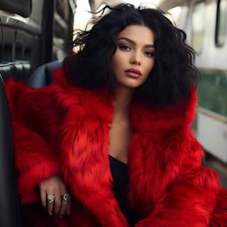 dark ebony woman in a red fur coat poses next to yacht in the style of fashwave happycore felicia simion loose and fluid