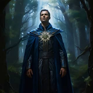 fantasy illustration style like Jeff Easley fantasy priest wearing dark blue robes with silver stars standing on the ground