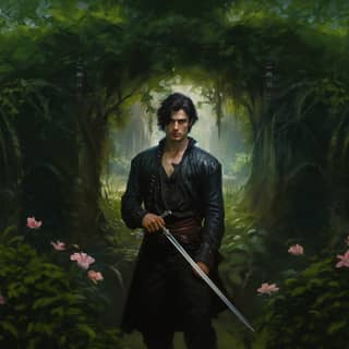 man with short black hair with bright blue eyes in black pants and a dark green shirt with a sword chisled jaw in a garden