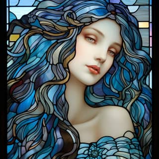 Une sirène en vitrail aux cheveux bleus longs, inspirée du style de Louis Comfort Tiffany.