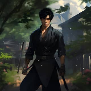 with short black hair with bright blue eyes in black pants and a dark green shirt with a sword and chiseled jaw in a garden