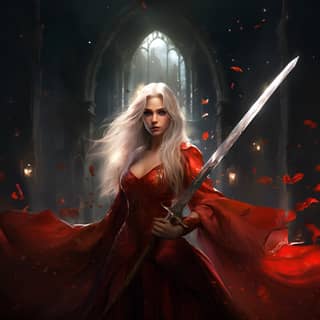 women with fair skin long white hair with blue eyes holding a sword and vitilygo in a flowy red dress