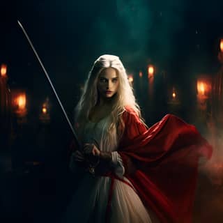women with fair viltigo skin long white hair with one green eye and one white eye holding a sword in a flowy red dress