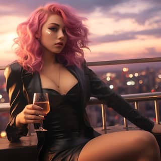 Cô gái với mái tóc hồng và váy đen đang thưởng thức cocktail trên sân thượng nắng giọt mặt trời ở Tokyo, với phong cách cyberpunk thập niên 80 lạnh lùng.