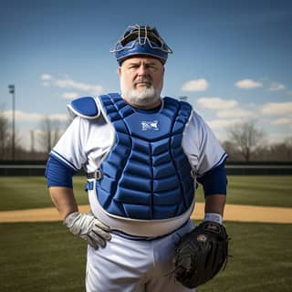 Full entire body in frame baseball catcher Big strong heavy 330 pounds 58 year old wearing baseball catcher protective gear