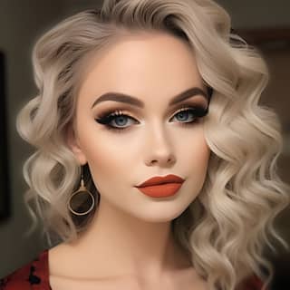 امرأة شقراء ذات خصلات كثيفة وعيون خضراء ترتدي فستانًا أحمر وأقراطًا مع مكياج فخم بما في ذلك الايلينر المجنح ، والرموش الزائفة ، وظل العيون الشمباني ، والحواجب المحددة ، والخدود المحددة ، والشفاه الحمراء المات.