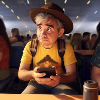 a Pixar version of this picture:, in a hat and a yellow shirt is looking at his phone