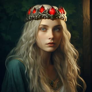 Silver dragon crown red gems, blonde woman wearing a crown