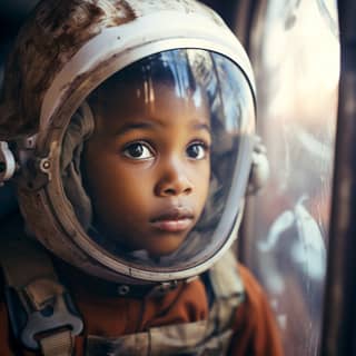 an african children wearing a spacesuit looking through the window on mars