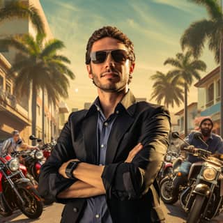 Homme en costume et lunettes de soleil posant avec un groupe de motos.