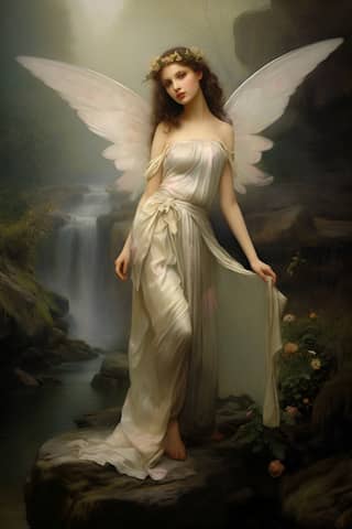 beautiful female angel sitting on a rock painted by William Bouguereau and Christian Schloe and Edmund Dulac fabric folds