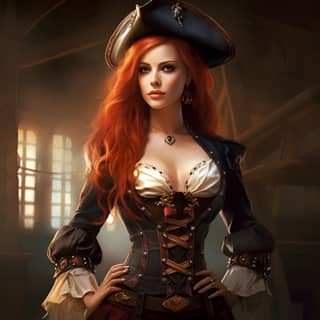 beautiful female pirate with red hair Full body image, red haired woman in pirate clothing