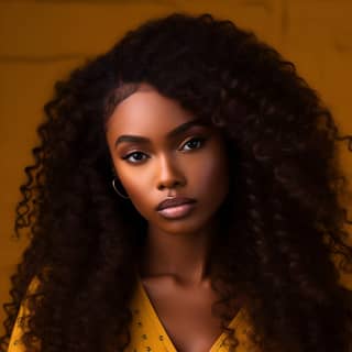امرأة أمريكية أفريقية جميلة ذات شعر مجعد ومكياج كامل الجمال، ببشرة فاتحة أو داكنة ترتدي قميصًا أصفر اللون، تبرز شعرًا بيروفيًا لامعًا مع تعبير عنابي أو محايد.