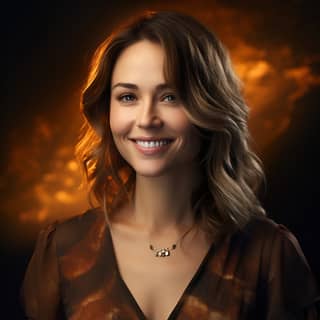 in a black top smiling in the style of celebrity photography american amber figura serpentinata dark brown and white glowing