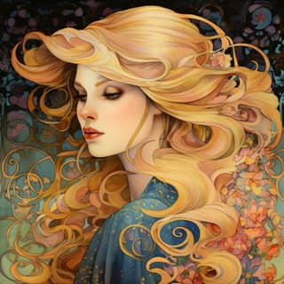 Una bellissima donna con lunghi capelli biondi, che emana un fascino di incantatrice in stile art nouveau.
