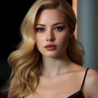 امرأة شقراء ذات شعر طويل وعيون زرقاء.